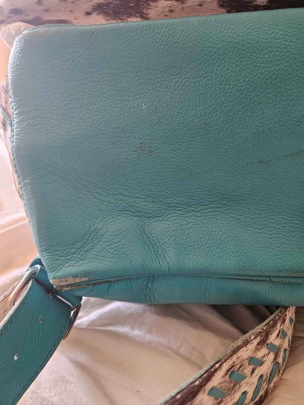 Turquoise-Trim Cowhide Backpack - Picture 5 of 9